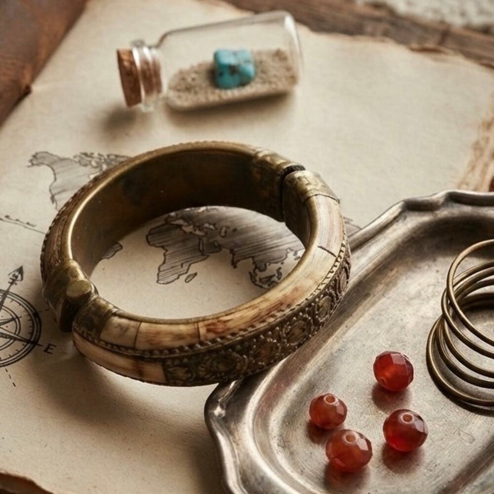 Vintage Artisan Brass and Bone Etched Hinge Bracelet